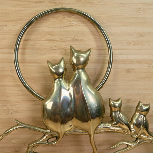 Vintage Brass Cat Family on Branch Wall Hanging / Cats Under Moon Wall Plaque - Picture 2 of 8